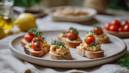 Wall Mural - bruschetta on toasted rye ciabatta with Jerusalem hummus, tomatoes and herbs in a beautiful presentation