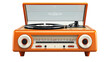 A colorful orange record player sits with a vinyl record spinning on top