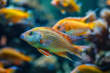 Wall Mural - Professional Photography of a Group of Colorful and Exotic Fish Swimming Gracefully in a Vibrant Coral Reef Tank, Generative AI