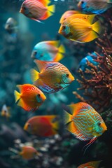 Wall Mural - Professional Photography of a Group of Colorful and Exotic Fish Swimming Gracefully in a Vibrant Coral Reef Tank, Generative AI