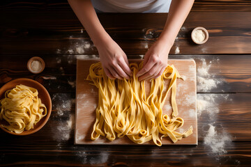 Wall Mural - Woman making fettuccine noodles on wooden table top view, close up 