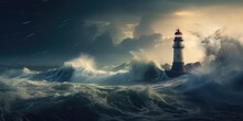 Lighthouse In Storm, Stormy Ocean Landscape And Lighthouse
