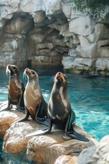 Wall Mural - Professional Photography of a Group of Playful Sea Lions Basking in the Sun on a Rocky Outcrop, Generative AI