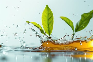 Wall Mural - Splash of fresh tea with green tea leaf on white background.