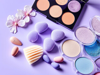 Pack of eyeshadows of various colors with sponge next to a light purple background.