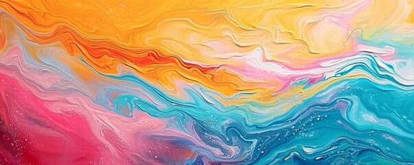 Sticker - Abstract marbled acrylic oil paint ink painted waves painting texture colorful background banner. Bold colors, multicolored color swirls wave. Generative AI