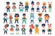 © MiniMaxi - Variety of cartoon vector children in colorful outfits. A diverse group of cartoon children standing in row wearing various colorful outfits representing different styles and personalities
