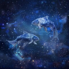 Pisces Zodiac Sign, Fish Horoscope Symbol, Two Magic Astrology Fishes, Pisces in Fantastic Night Sky