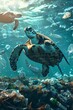 Sea turtle, plastic debris, symbol of ocean pollution, swimming through a polluted ocean, biodegradable alternatives, realistic, Rembrandt lighting, HDR effect
