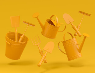 Wall Mural - Watering can with garden tools like shovel, rake and fork on monochrome