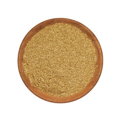 top view flat lay pile of ground coriander seed isolated on white background in wood bowl