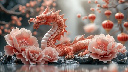 Aufkleber - An illustration background for the Chinese New Year 2024 the year of the dragon with red and gold colors, flowers, lanterns, and asian elements.