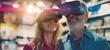 © Good moose - Mature couple experiencing virtual reality in a tech store. Smiling man and woman wearing VR headsets, illuminated by vibrant store lighting.