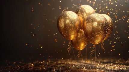 Poster - An object rendering of a realistic 3d gold balloon with a ribbon over a golden number 2024. Create a stunning New Year's poster, banner, cover card, brochure, flyer, or layout design for any