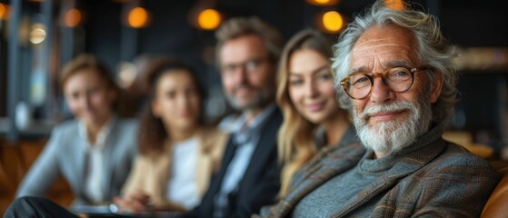 Poster - Various generational businesspeople meet in a conference room. Management strategy is discussed.