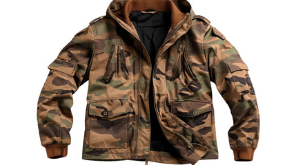 A camo jacket with a hood and zippers, ready for adventure