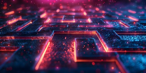 Poster - navigating a neon-lit maze to protect against cyber threats. concept cybersecurity, neon lighting, m