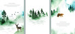 © GaliChe - Set watercolor vector templates with landscape, bear, deer, birds, forest, river and place for text. Nature illustration for poster, book, banner, card, flyer