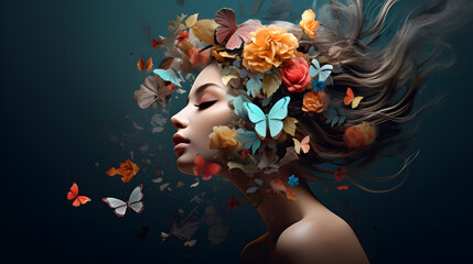 Wall Mural - A beautiful woman's head with flowers, leaves and petals flying around her face, in the style of surrealism, creative photography, isolated on gray background