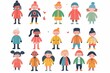 © MiniMaxi - Variety of cartoon vector children in colorful outfits. A diverse group of cartoon children standing in row wearing various colorful outfits representing different styles and personalities
