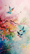 Stories template or phone background with stunning painting of birds with pink and aqua wings flying over a cherry blossom tree. The watercolor paint creates a beautiful pattern in this art piece