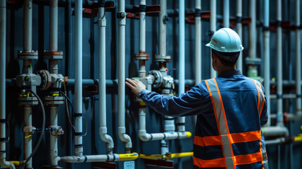 Engineer in hard hat and safety vest inspecting plumbing pipes in a technical control room