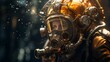 Deep Sea Explorer, Diving helmet, steampunk, underwater metropolis, swirling currents, Photography, Backlighting, Motion Blur, Extreme close-up shot , in style of unreal engine