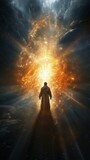Fototapeta Londyn - Galaxy, Starry Robes, Majestic being of light, Illuminating a nebula with cosmic energy, Glowing softly, photography, golden hour, Lens Flare, Point-of-view shot