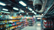 Security camera overlooks colorful supermarket aisles, ensuring safety.