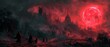 A blood-red moon looms large over the ruins of a Gothic cathedral, casting an eerie glow on the desolate landscape below.
