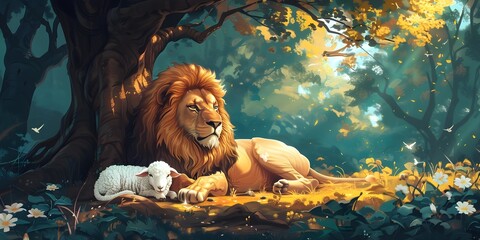 tranquil coexistence: lion and lamb resting under ancient tree in lush forest