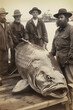 male fishermen stand next to record catch of giant large big fish. Old retro vintage documentary black and white photo