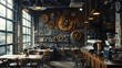 © ChubbyCat - An eclectic coffee shop interior featuring a wall adorned with various sizes of gears and cogs, creating a steampunk vibe.