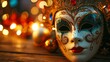 Detailed view of a mask for masquerade on a table illuminated by light, with background intentionally blurred., AI Generative