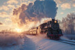 An old steam train running along the tracks in winter with a beautiful sunset in the background with space for text
