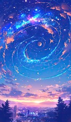 A huge luminous beam of light shines down from the sky, forming an electric blue ring around it in the style of anime. The background is dark with distant mountains and city lights under a night starr