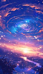 A huge luminous beam of light shines down from the sky, forming an electric blue ring around it in the style of anime. The background is dark with distant mountains and city lights under a night starr