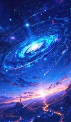 A huge luminous beam of light shines down from the sky, forming an electric blue ring around it in the style of anime. The background is dark with distant mountains and city lights under a night starr
