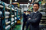 Fototapeta Londyn - Asian male worker in suit smiling at camera, standing inside factory with workers wearing hard hats and work behind him. The background is full of printing machines and rolls of paper, creating an ind
