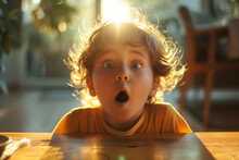 Portrait Of A Surprised Little Boy With Wide Eyes And An Open Mouth Facing The Camera While Sitting At A Table In A Room Or Kitchen Against The Background Of The Sun From The Window
