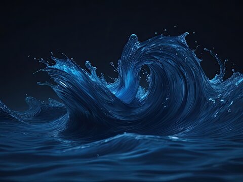 3D render of an abstract, flowing, blue, curved water wave moving on a dark background