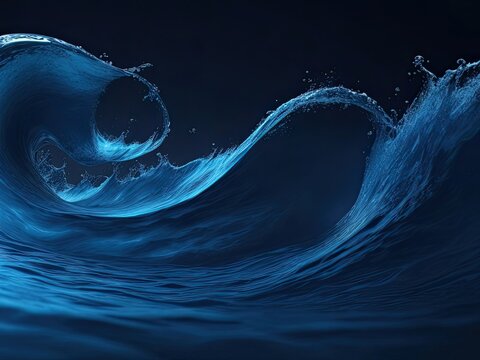 3D render of an abstract, flowing, blue, curved water wave moving on a dark background