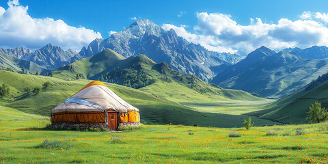 Wall Mural - traditional Asian nomadic yurt in a field in highlands against background of mountains in spring