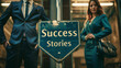 Success story concept image with successful business people next to a sign Success Stories