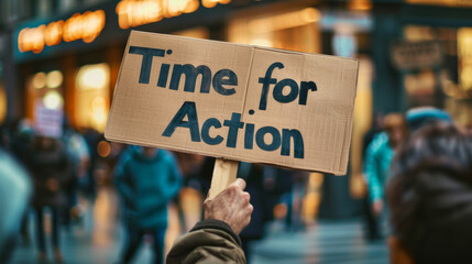 Protestor holding a sign with written text Time for Action