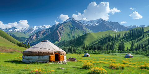 Wall Mural - Three nomadic yurt on field in highlands against backdrop of mountains