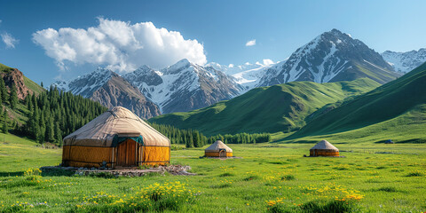 Wall Mural - Asian traditional village with yurts in field in mountains