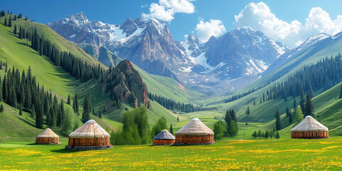 Wall Mural - Asian nomadic traditional village with yurts in a field in mountains in summer