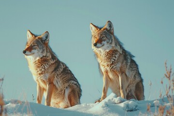  A couple of coyotes against the clear winter sky. creatures that exist in the wild.