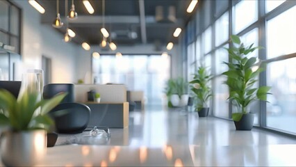 Abstract blurred office interior room. blurry working space. Defocused effect. Business concept. AI generated.